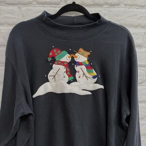 Vtg Bechamel Christmas Embroidered Shirt Snowmen Woman's  XL Black Long Sleeve